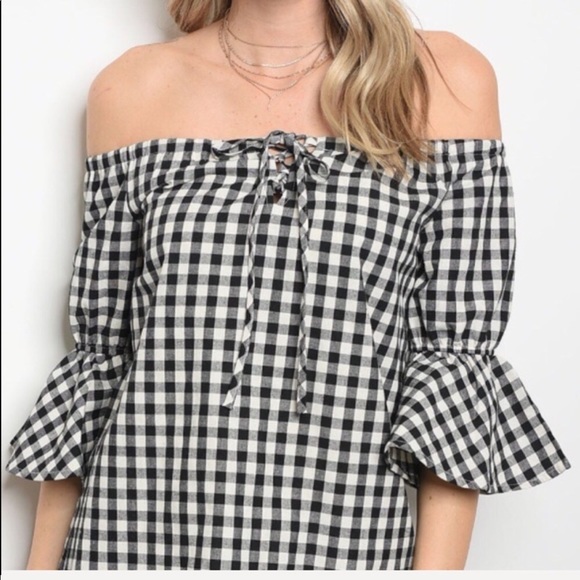 🖤Off the shoulder black and white checked top New - Picture 3 of 8